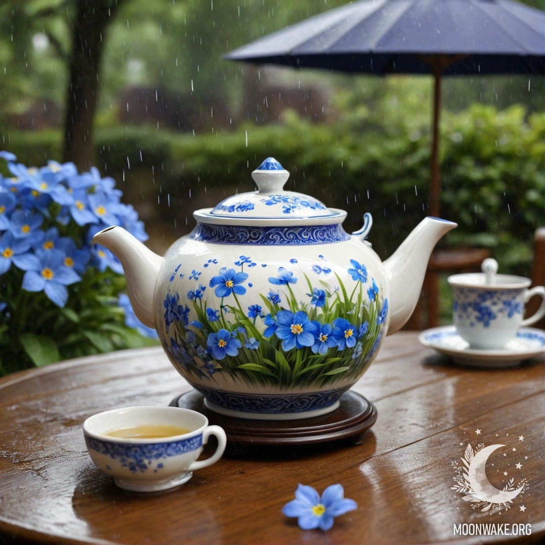 Peaceful Wooden Table with Blue Flowers A round wooden table featuring a porcelain teapot filled with blue flowers under the rain.