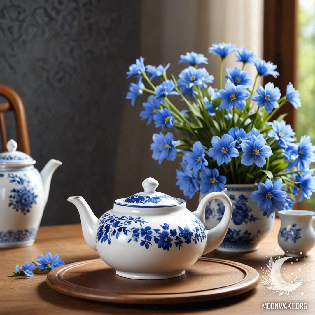 A peaceful scene featuring a round wooden table with a porcelain teapot and blue flowers inside it.