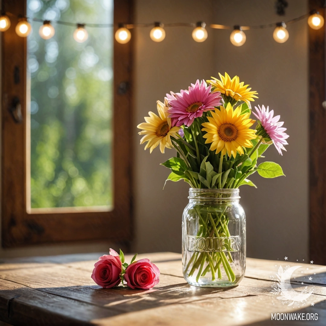 A shabby wooden table adorned with a jar of flowers, with bokeh lights in the background and sun rays illuminating the scene.