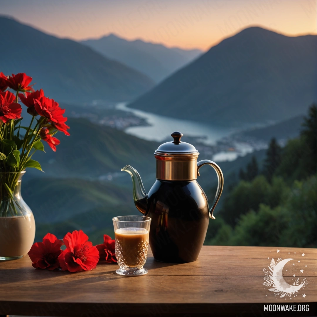 Peaceful Night at a Mountain Table A serene wooden table set against majestic mountains at night, adorned with a jar of red flowers, a coffee pot, and cups.