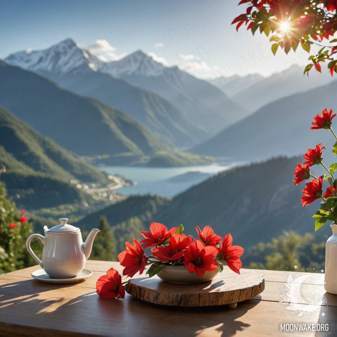 Peaceful Mountain Table Scene A peaceful wooden table with red flowers, a coffee pot, and cups, set against a mountain backdrop with sun rays.