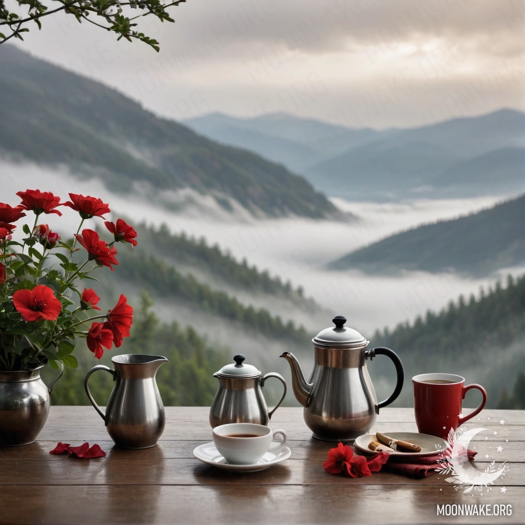 Peaceful Mountain Table Scene A wooden table with red flowers, coffee pot, and cups in foggy mountains.