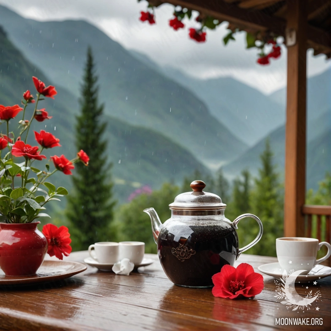 A peaceful wooden table with a jar of red flowers, a coffee pot, and cups under the rain, set against a mountainous backdrop.