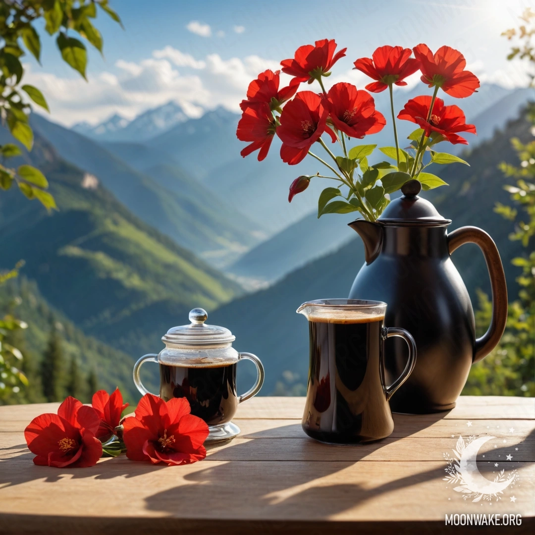 A wooden table adorned with a jar of red flowers and a coffee pot against a mountain backdrop, illuminated by sun rays.