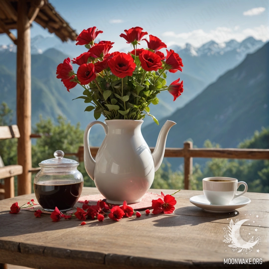 A wooden table in front of mountains, featuring a jar of red flowers, a coffee pot, and cups with lights.