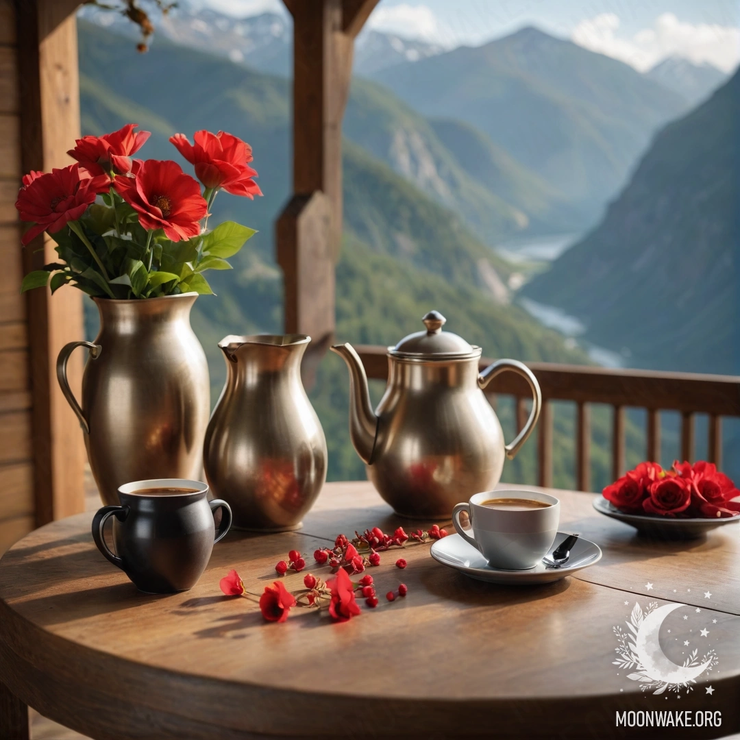 A peaceful wooden table with red flowers, a coffee pot, and cups, set against majestic mountains.
