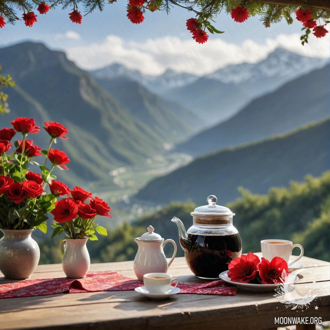 A wooden table with a jar of red flowers, a coffee pot, and cups with garland lights against the backdrop of mountains.