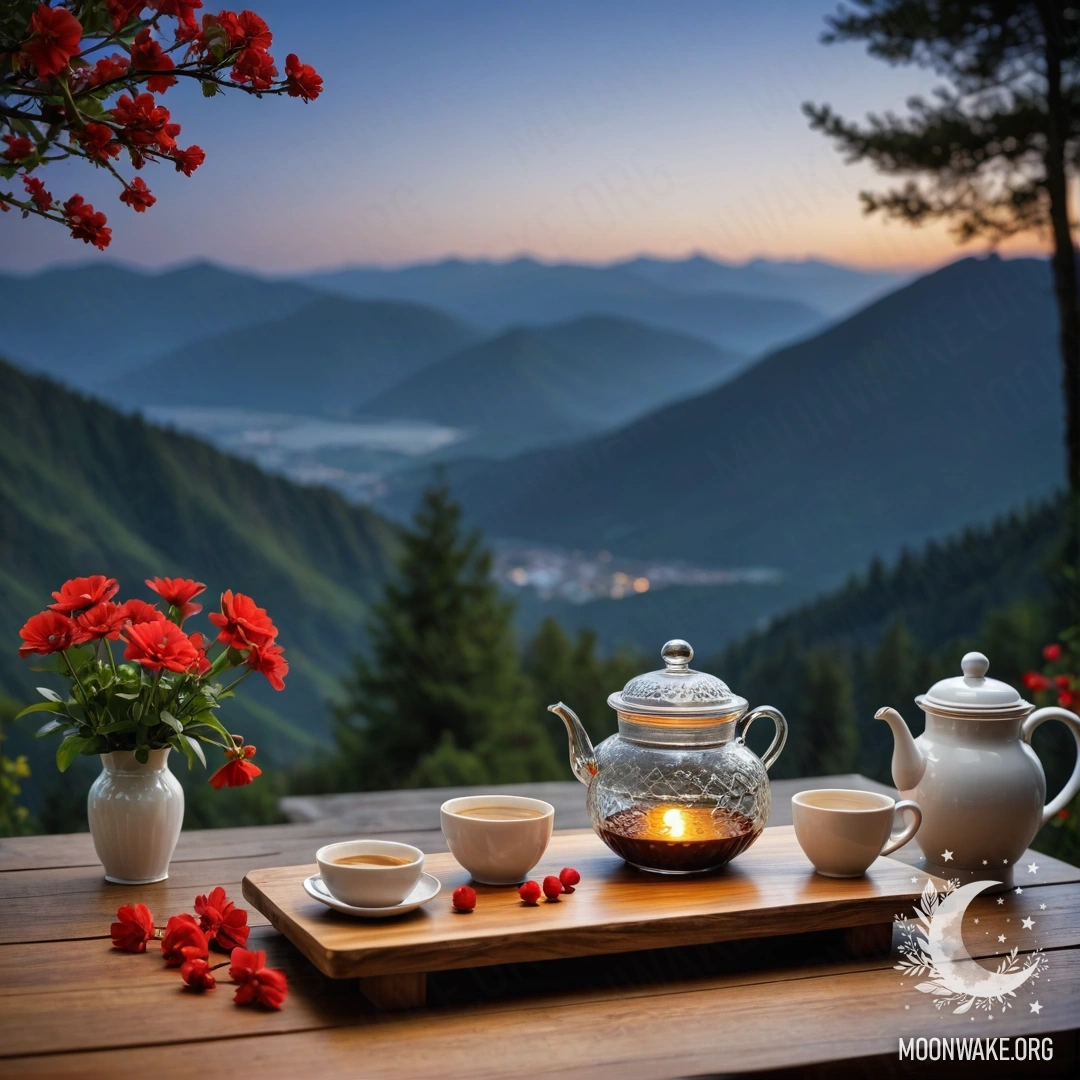 A wooden table set against a mountain backdrop, adorned with a jar of red flowers, a coffee pot, and cups under the night sky.