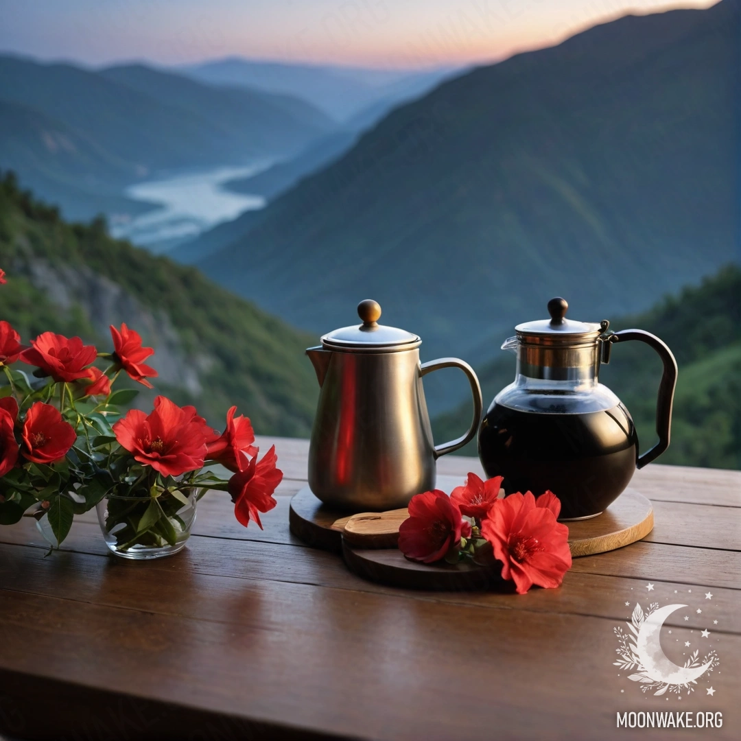 Peaceful Nighttime Table Setting in the Mountains A serene wooden table with a jar of red flowers and a coffee pot, set against a mountain backdrop at night.