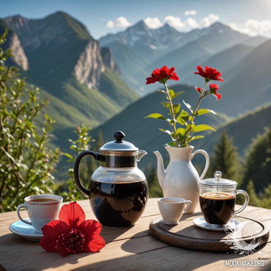 Peaceful Table with Flowers and Mountains A serene wooden table adorned with a jar of red flowers and a coffee pot, set against majestic mountains and illuminated by sun rays.