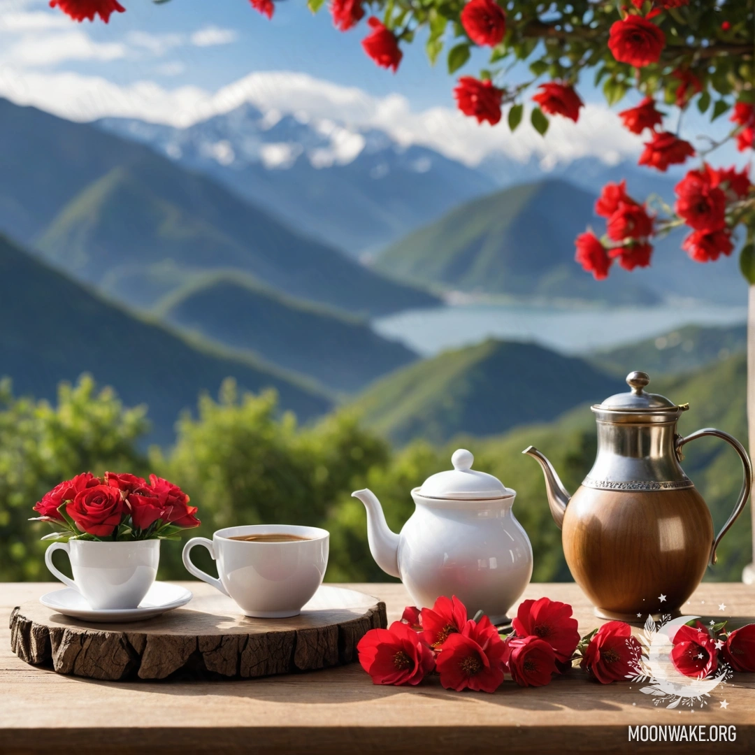 A wooden table with a jar of red flowers, a coffee pot, and cups, illuminated by a garland light against a mountainous backdrop.