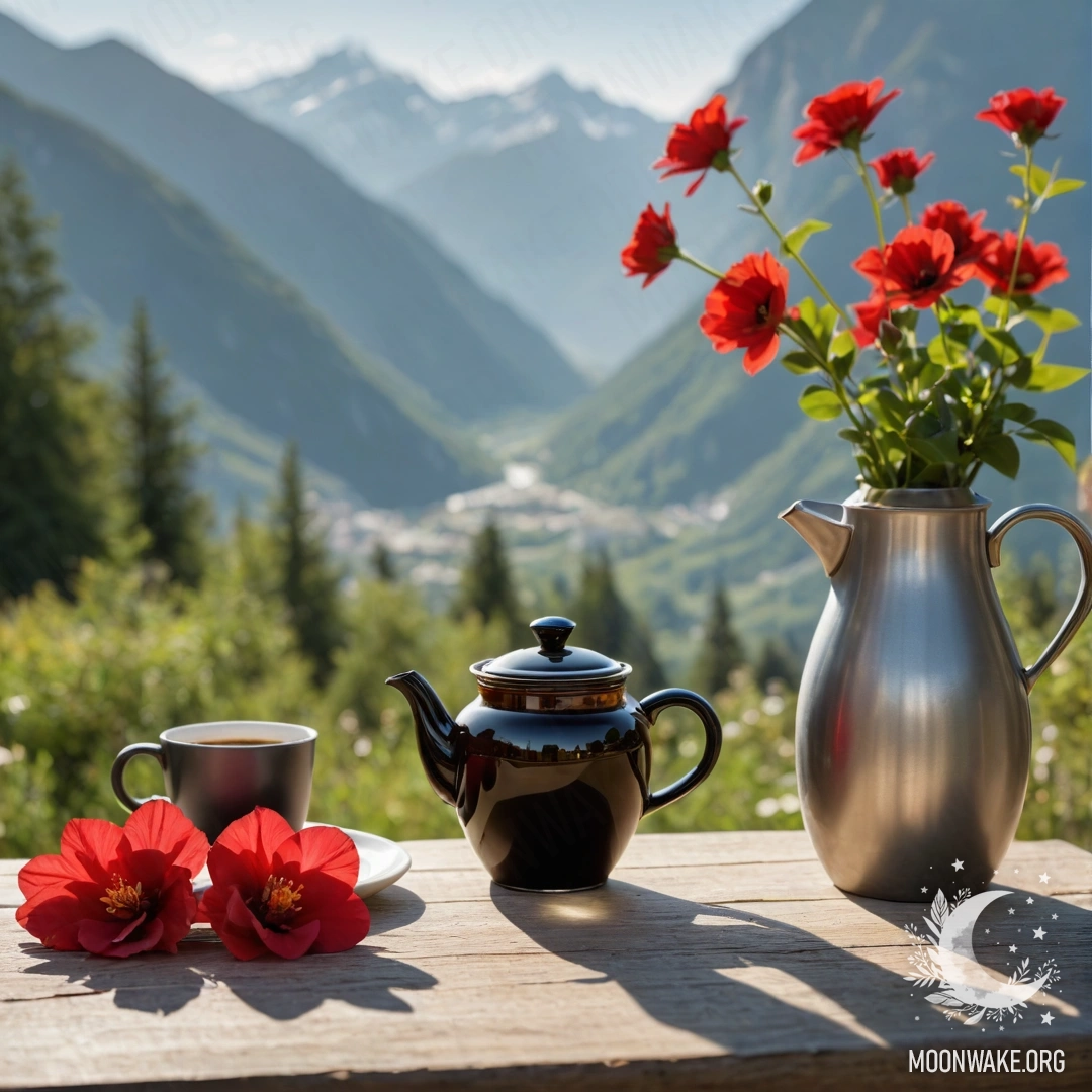 A wooden table set against majestic mountains, featuring a jar of red flowers and a coffee pot with cups.