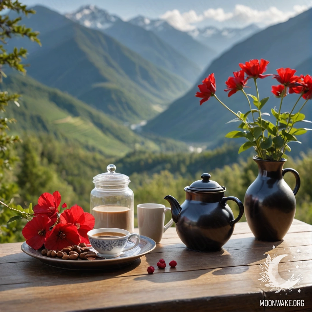 A peaceful wooden table with red flowers, a coffee pot and cups, set against mountains.