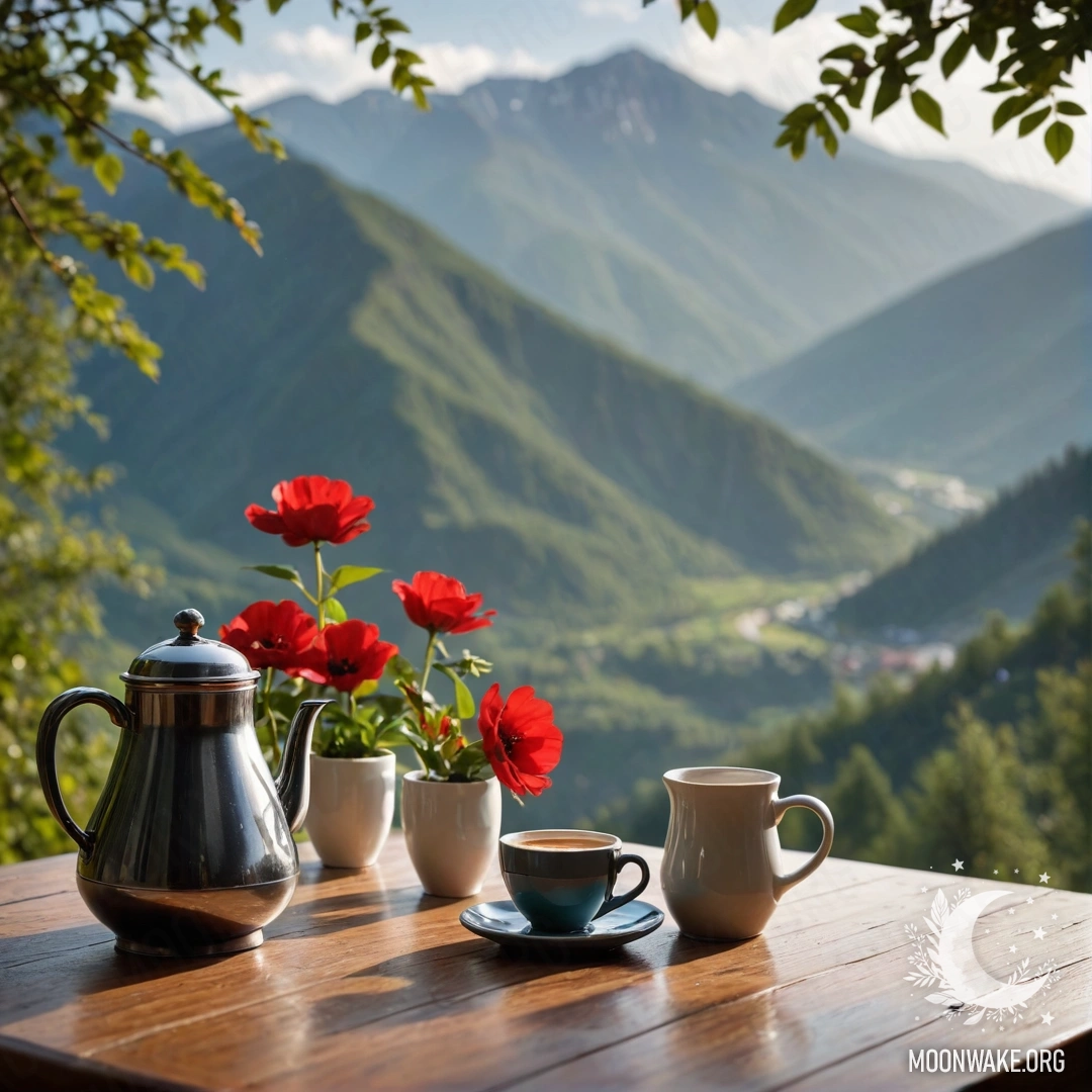 A serene wooden table with a jar of red flowers and a coffee pot, set against a mountainous backdrop, under the rain.