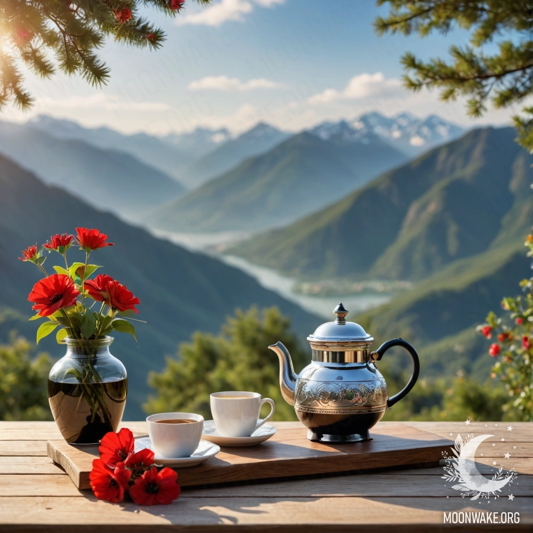 Serene Mountain Table with Flowers and Coffee A wooden table set against majestic mountains, adorned with a jar of red flowers, a coffee pot, and cups illuminated by garland light.