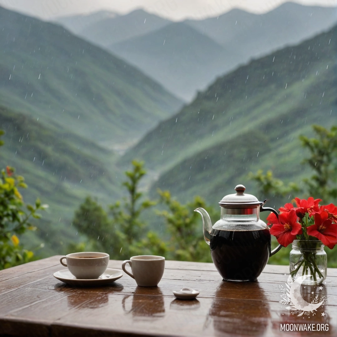 A rustic wooden table adorned with red flowers, a coffee pot, and cups, set against a backdrop of mountains, under soft rain.