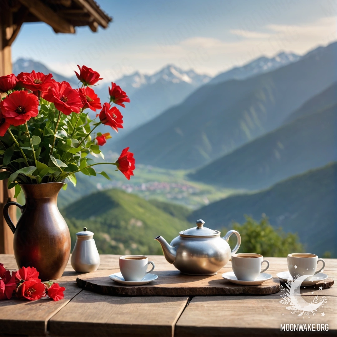 Peaceful Mountain Table Setting A serene wooden table with a jar of red flowers, a coffee pot, and cups glowing with fairy lights, set against majestic mountains.