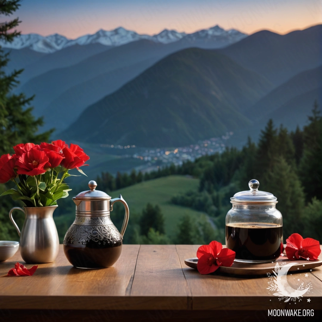 A wooden table adorned with a jar of red flowers and coffee set, set against a backdrop of mountains at night.