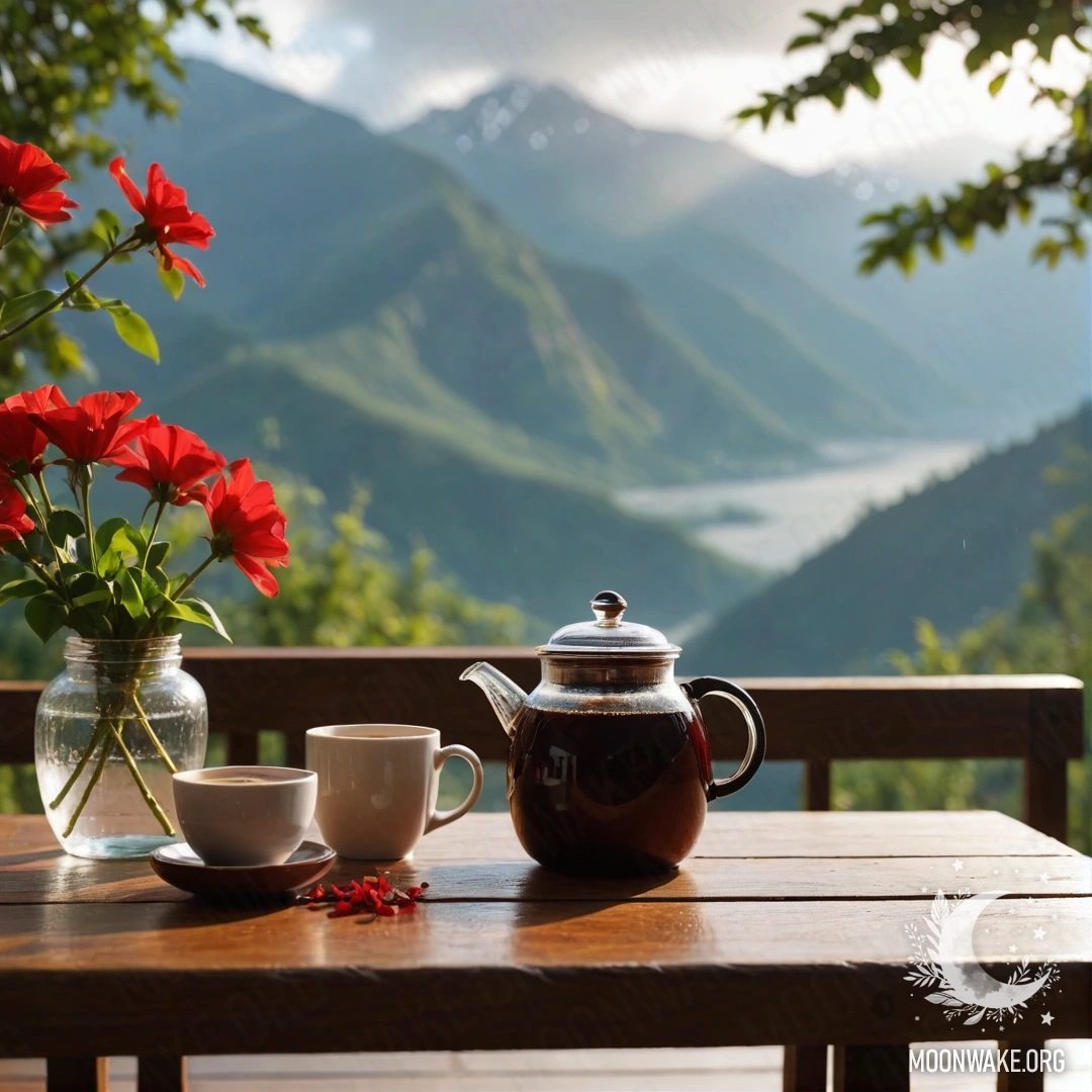 A wooden table with a jar of red flowers and a coffee pot under rain, with mountains in the background.