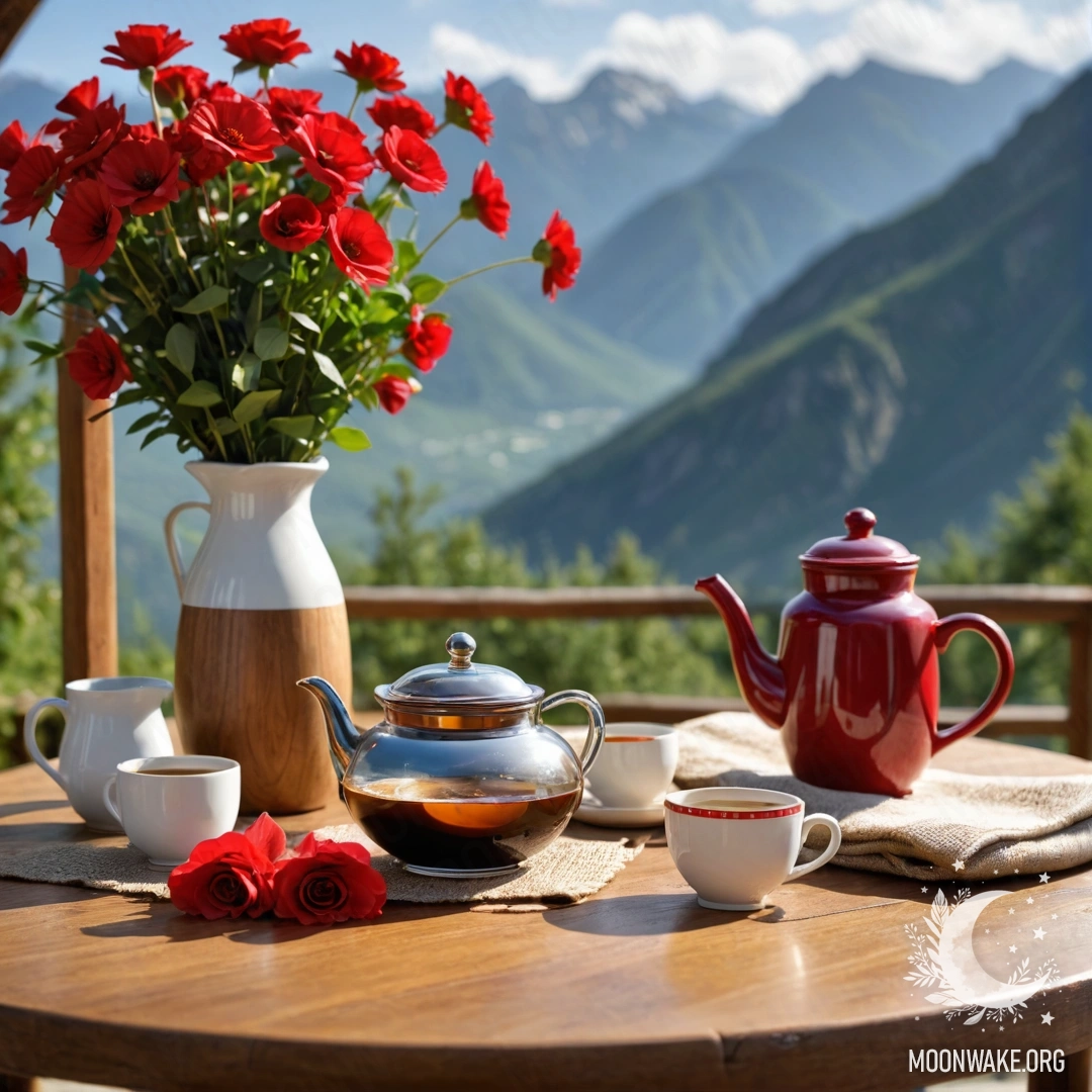 A wooden table with a jar of red flowers, a coffee pot, and cups, set against a mountain backdrop.