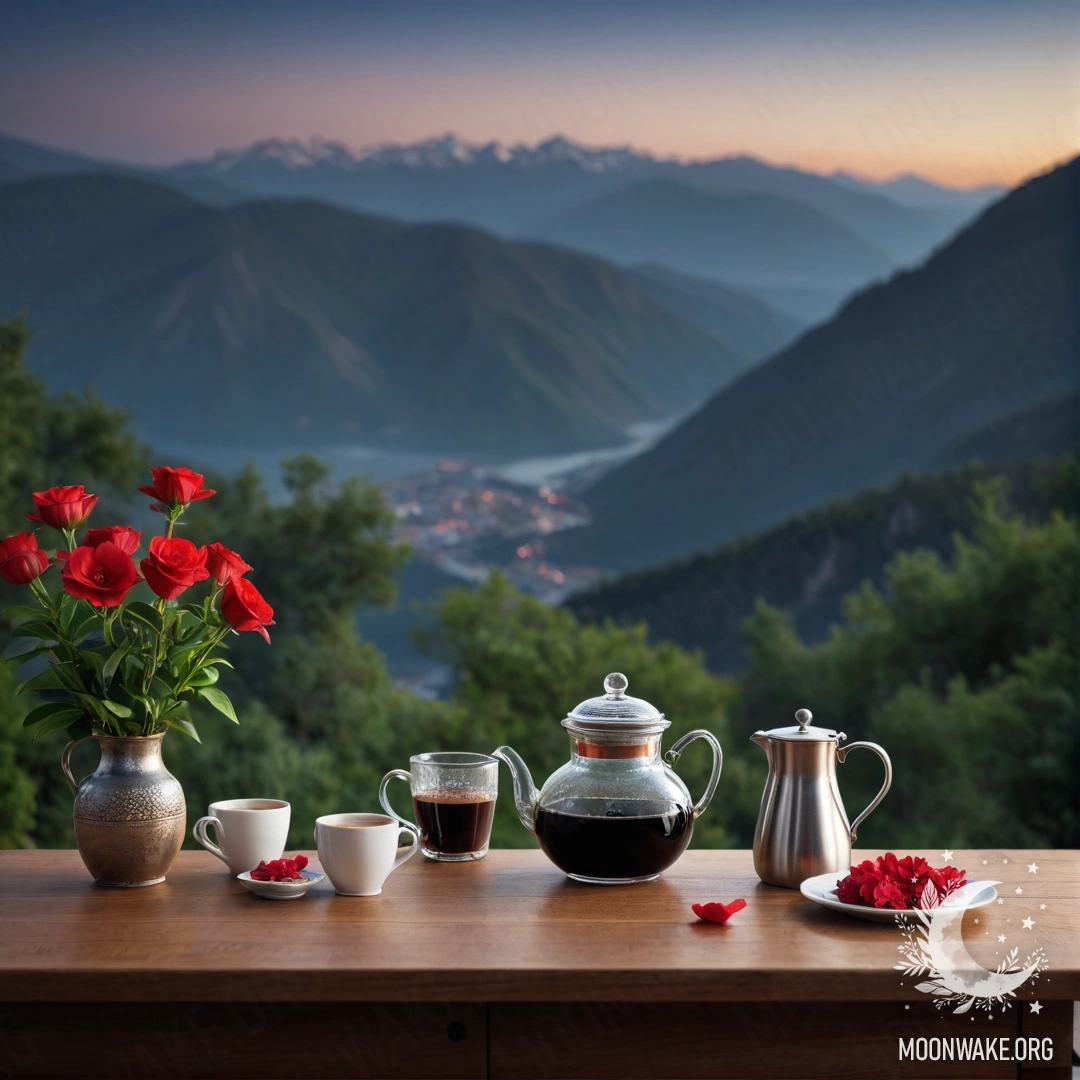 Peaceful Night Table with Red Flowers A peaceful wooden table set against mountains at night, featuring a jar of red flowers, a coffee pot, and cups.