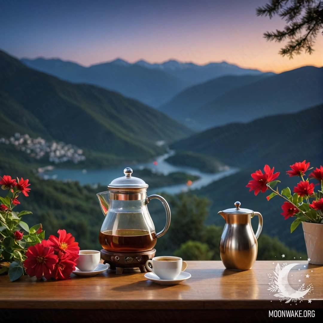 A peaceful wooden table with a jar of red flowers, a coffee pot, and cups against a mountain backdrop at night.
