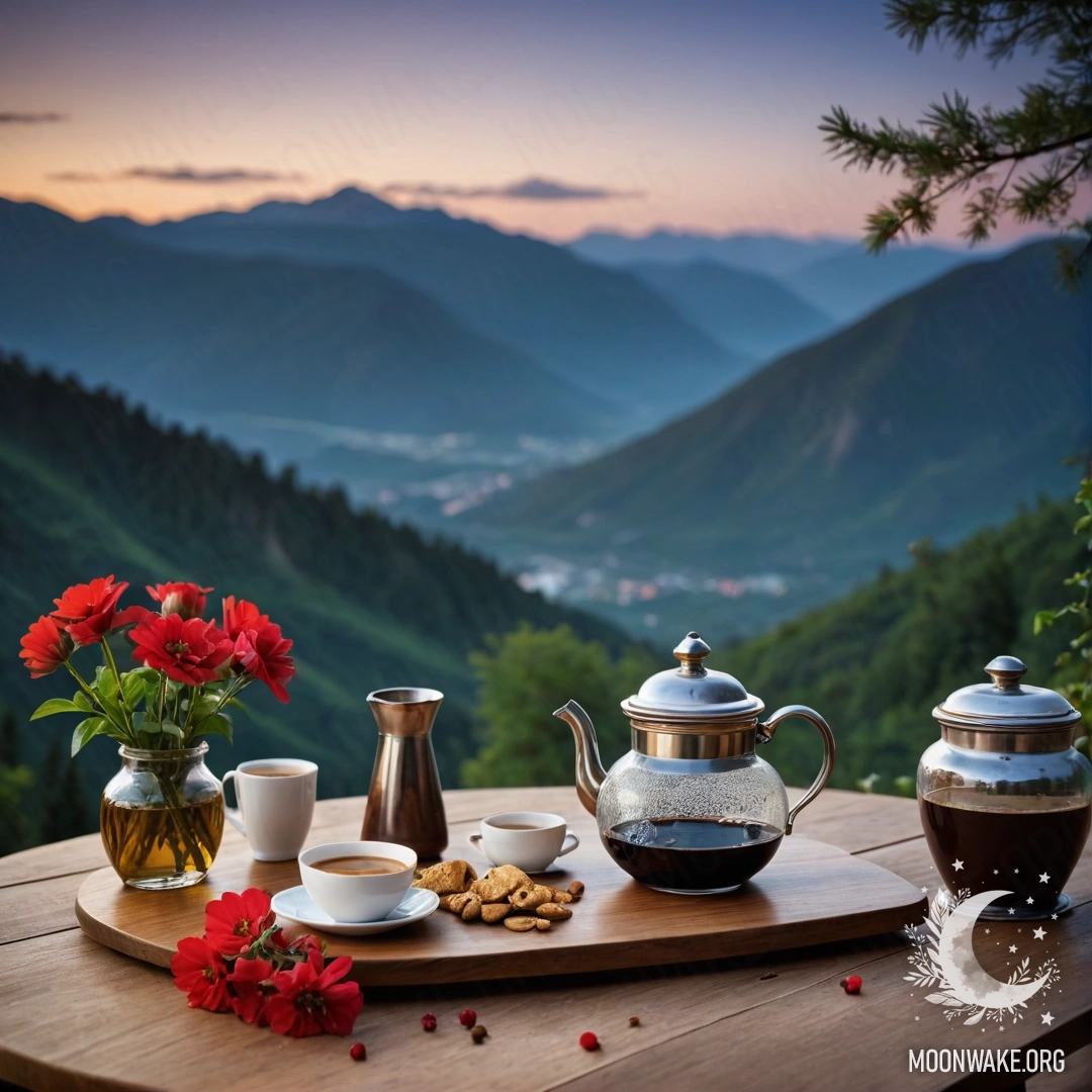 A wooden table set against mountain backdrop, featuring a jar of red flowers and a coffee pot with cups at night.
