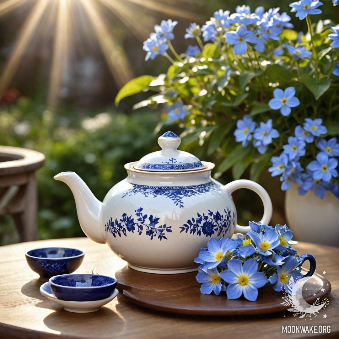 Serene Floral Teapot on Wooden Table A round wooden table with a porcelain teapot filled with blue flowers illuminated by sun rays.