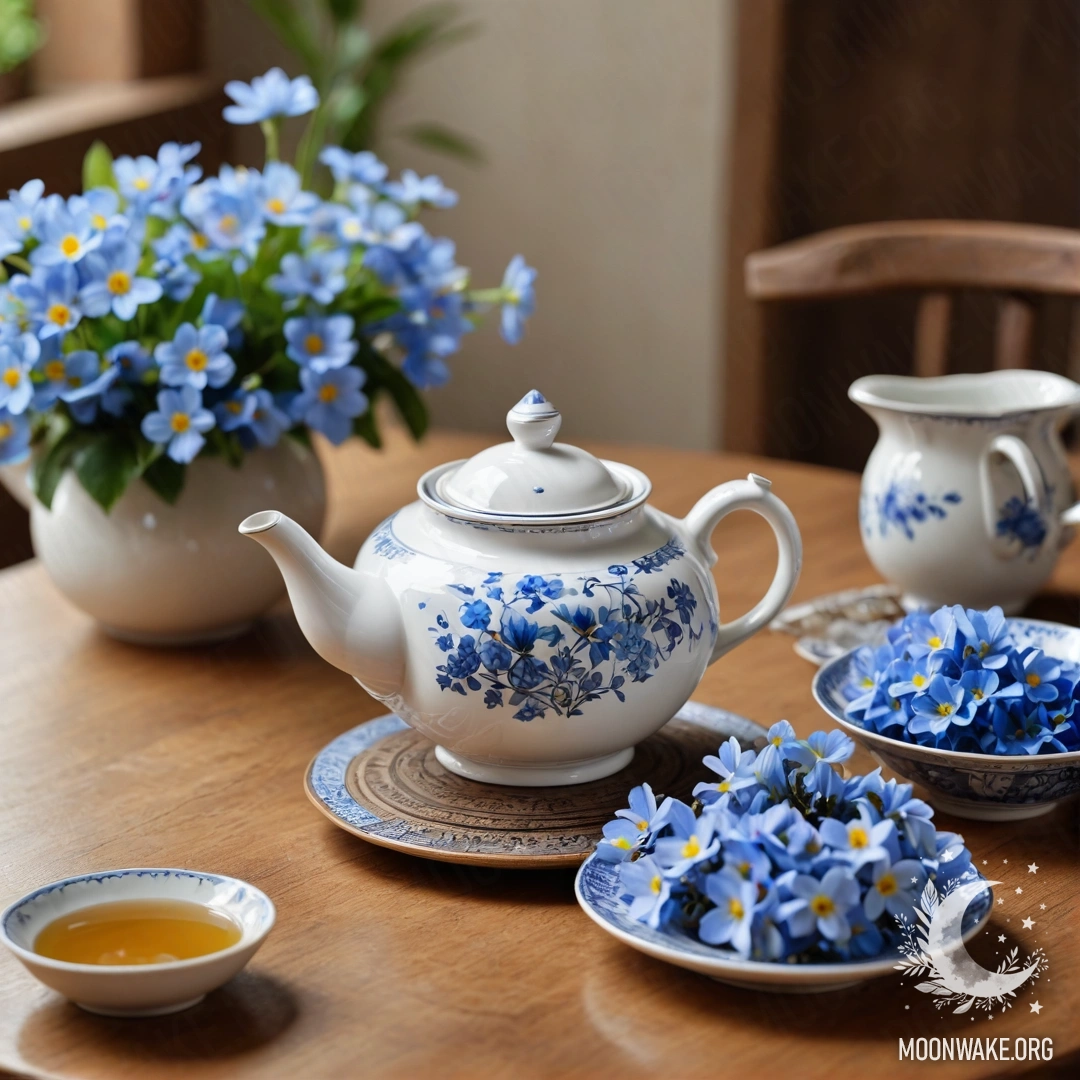 A round wooden table adorned with a porcelain teapot filled with blue flowers.