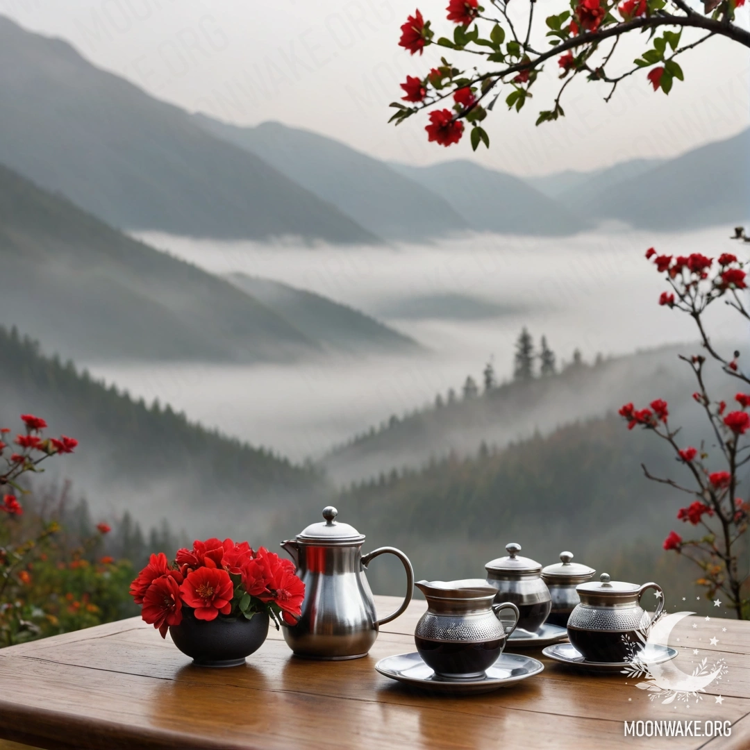 Peaceful Mountain Table with Flowers and Coffee A wooden table with red flowers and a coffee pot surrounded by misty mountains.