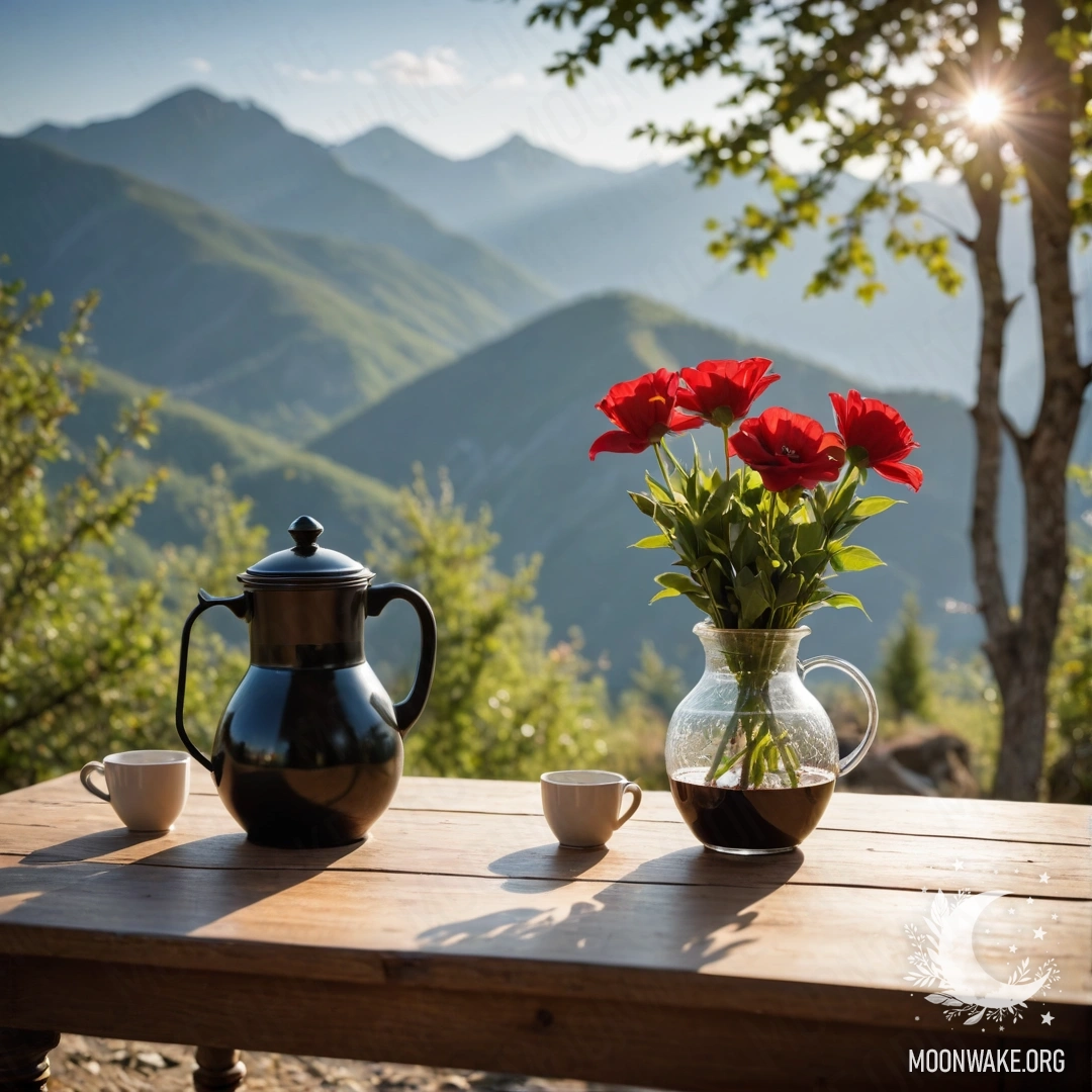 Tranquil Table Setting with Flowers and Mountains A serene wooden table with red flowers, a coffee pot and cups, against mountainous backdrop with sunlight.