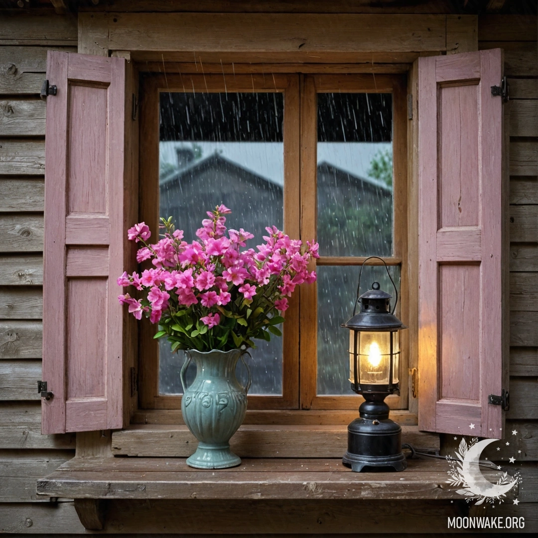 A shabby wooden window adorned with pink flowers, rain pouring down, and a kerosene lamp above.
