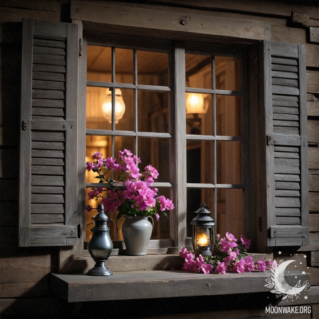 A shabby wooden window adorned with pink flowers, with a kerosene lamp hanging above it at night.