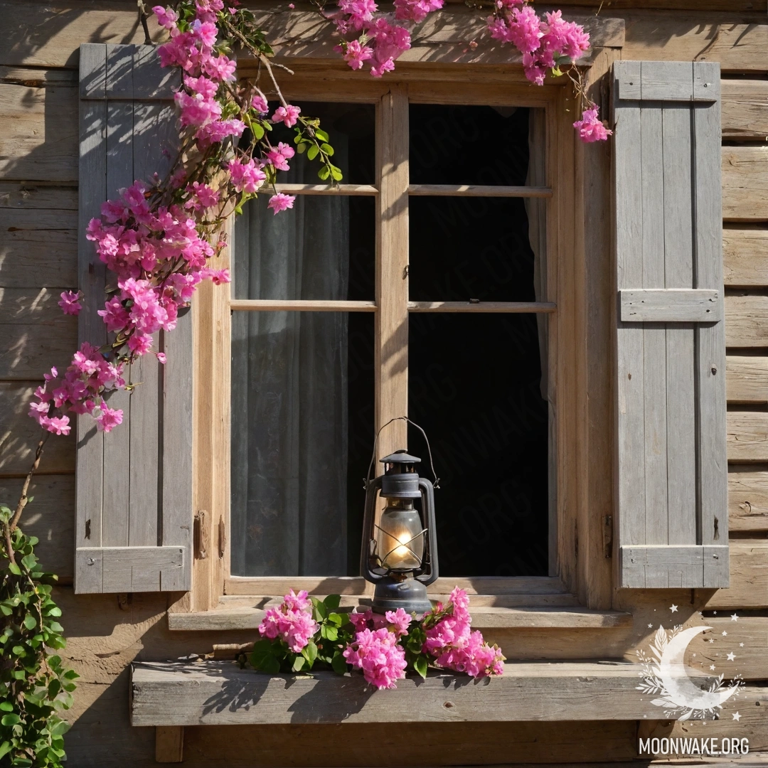 Peaceful Wooden Window with Pink Flowers A shabby wooden window adorned with shutters and pink flowers, illuminated by sun rays and a kerosene lamp.