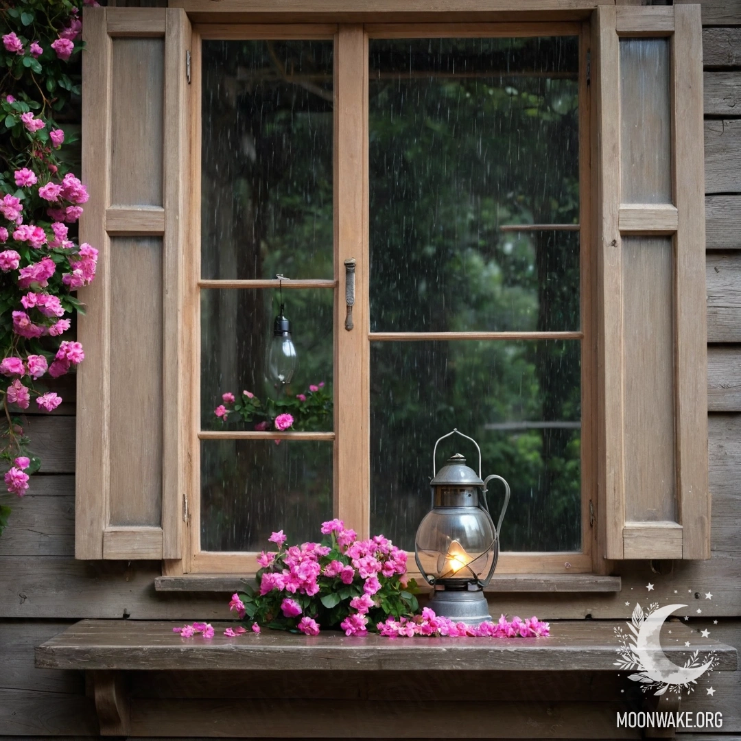 A shabby wooden window with shutters, a kerosene lamp, and pink flowers under the rain.