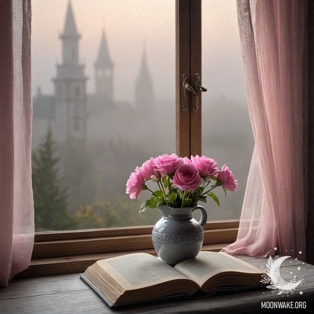 A wooden window sill with an old shabby book and a gray vase filled with pink flowers, draped by a pink curtain, enveloped in dense fog.