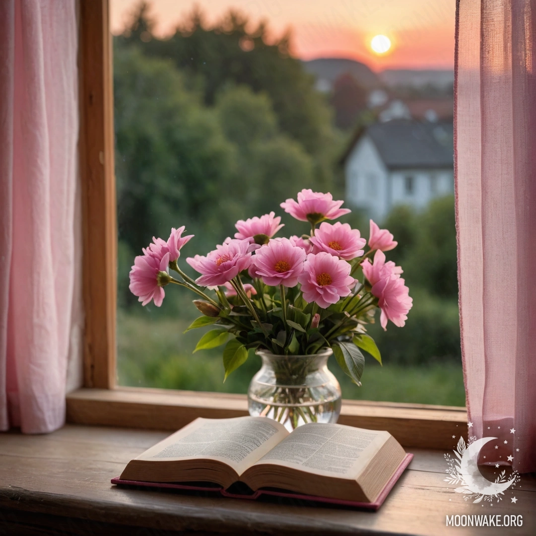 A wooden windowsill adorned with an old shabby book and a gray vase containing pink flowers, with a pink curtain in the sunset light.