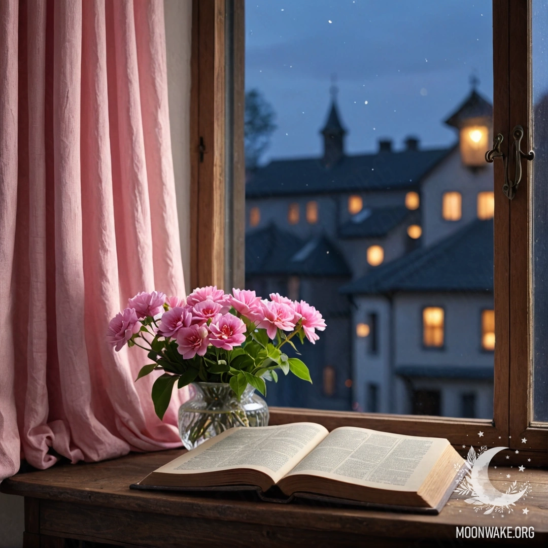 A peaceful wooden window sill with a shabby book and gray vase containing pink flowers, adorned by a delicate pink curtain at night.