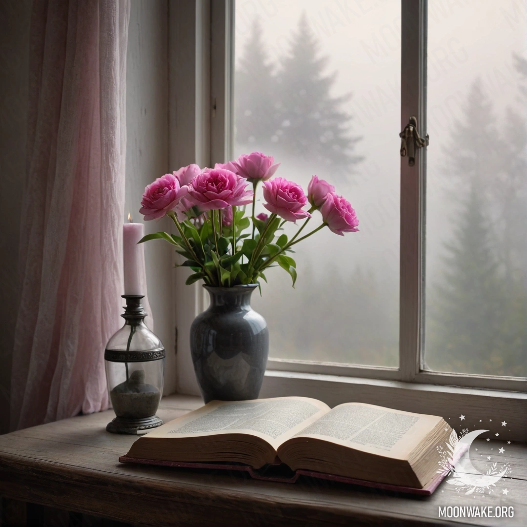 A wooden window sill with an old book, gray vase with pink flowers, and pink curtain amidst heavy fog.