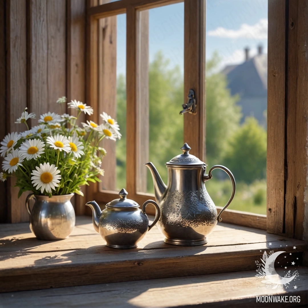A shabby wooden window sill adorned with a metal teapot and daisies, illuminated by sun rays.