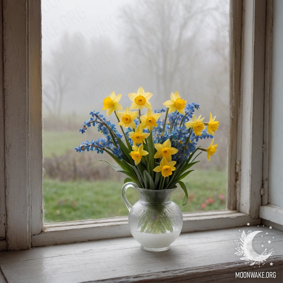Serene Wooden Window Sill with Daffodils An old shabby wooden window sill with a white porcelain vase containing daffodils and forget-me-nots in dense fog.