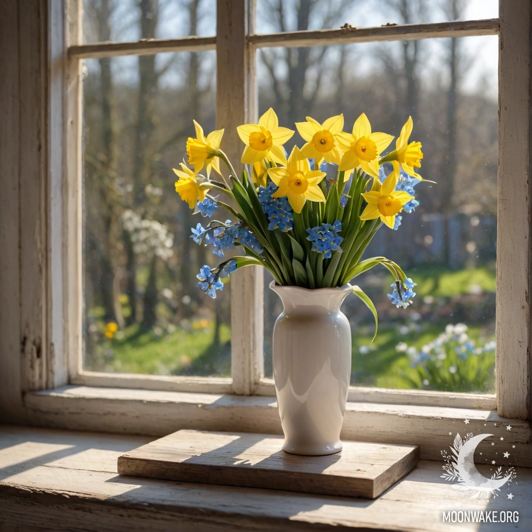An old shabby wooden window sill with a white porcelain vase containing daffodils and forget-me-nots, illuminated by soft sun rays.