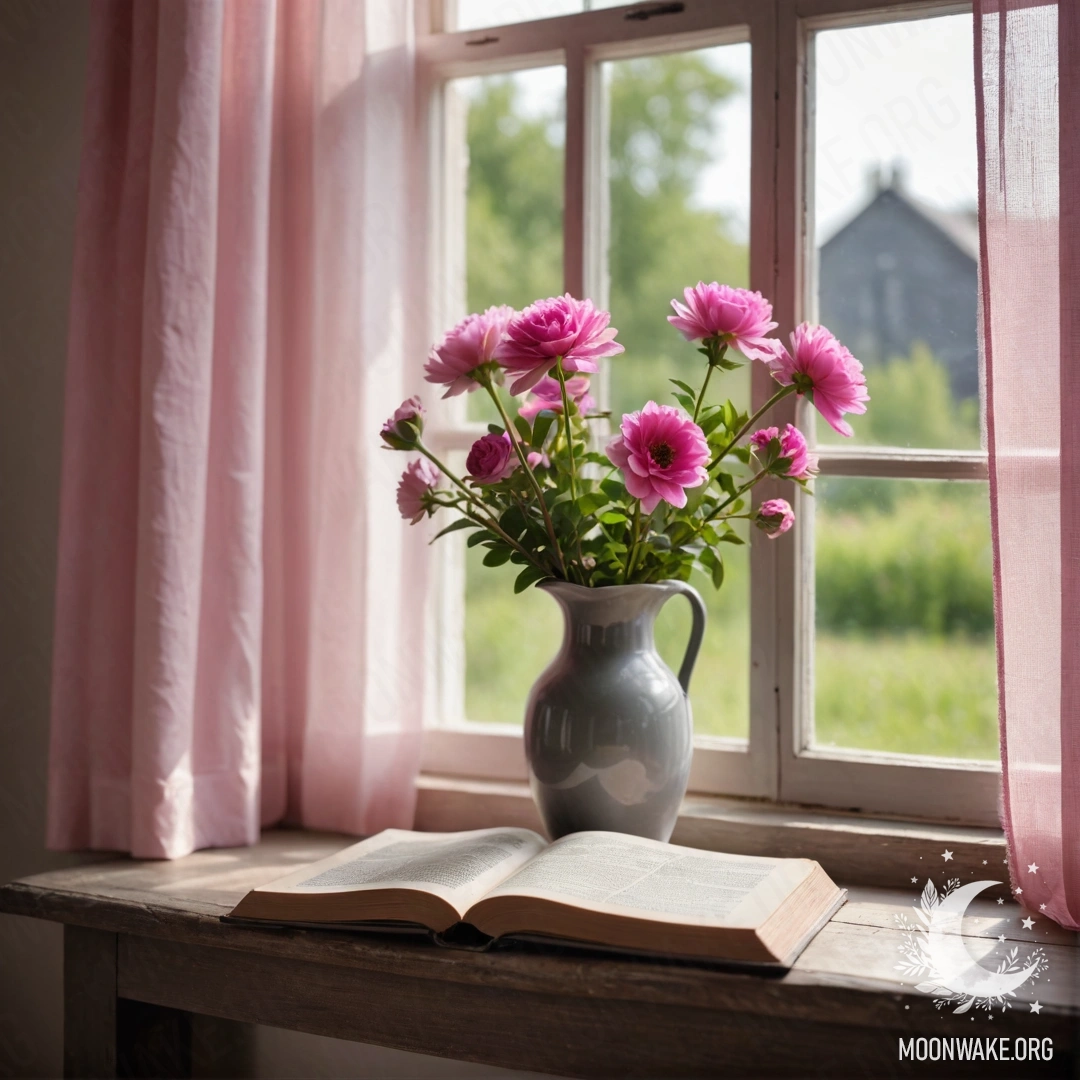 An old shabby book and a gray vase with pink flowers on a wooden window sill, with sunlight filtering through a pink curtain.