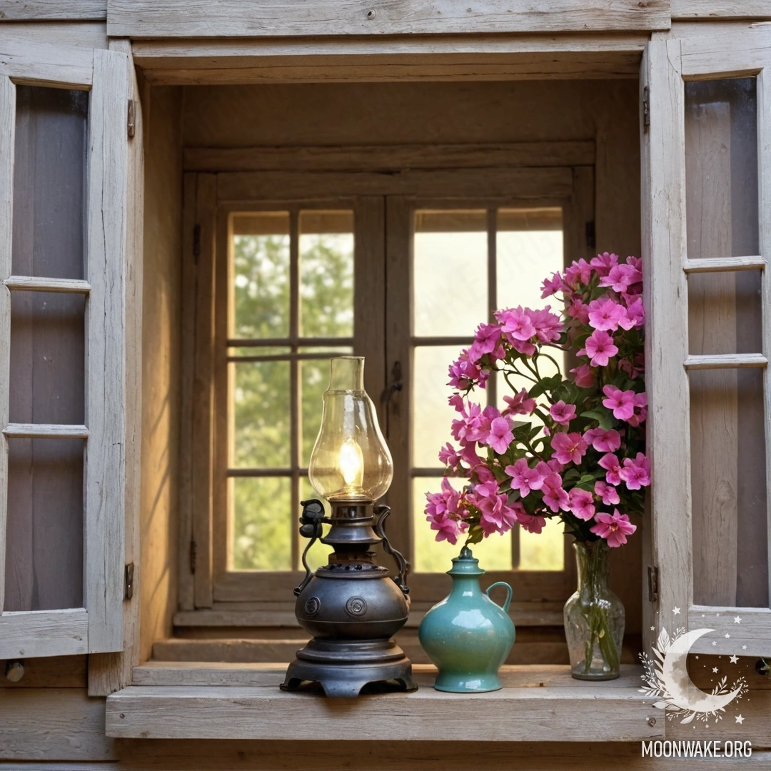Serene Wooden Window with Flowers A shabby wooden window with shutters, adorned by pink flowers and a kerosene lamp above it, bathed in sunlight.