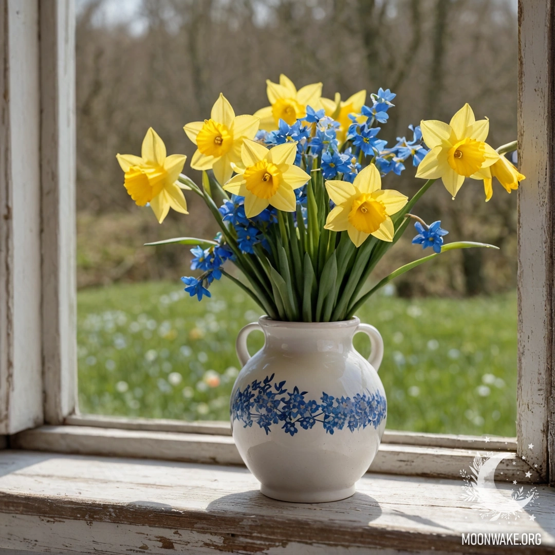 An old shabby wooden windowsill adorned with a white porcelain vase filled with daffodils and forget-me-nots.