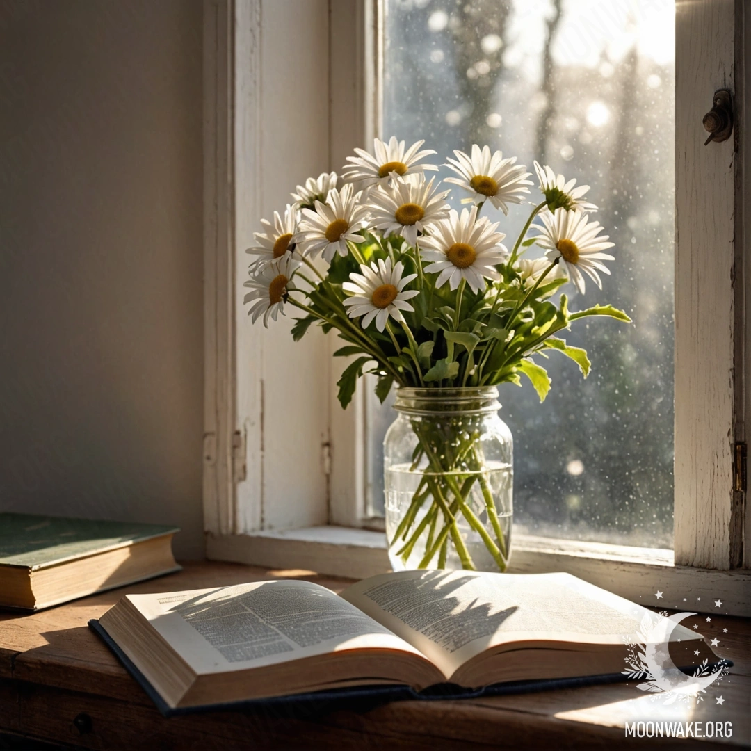 A shabby wooden windowsill adorned with a jar of daisies and an open book, illuminated by sun rays.