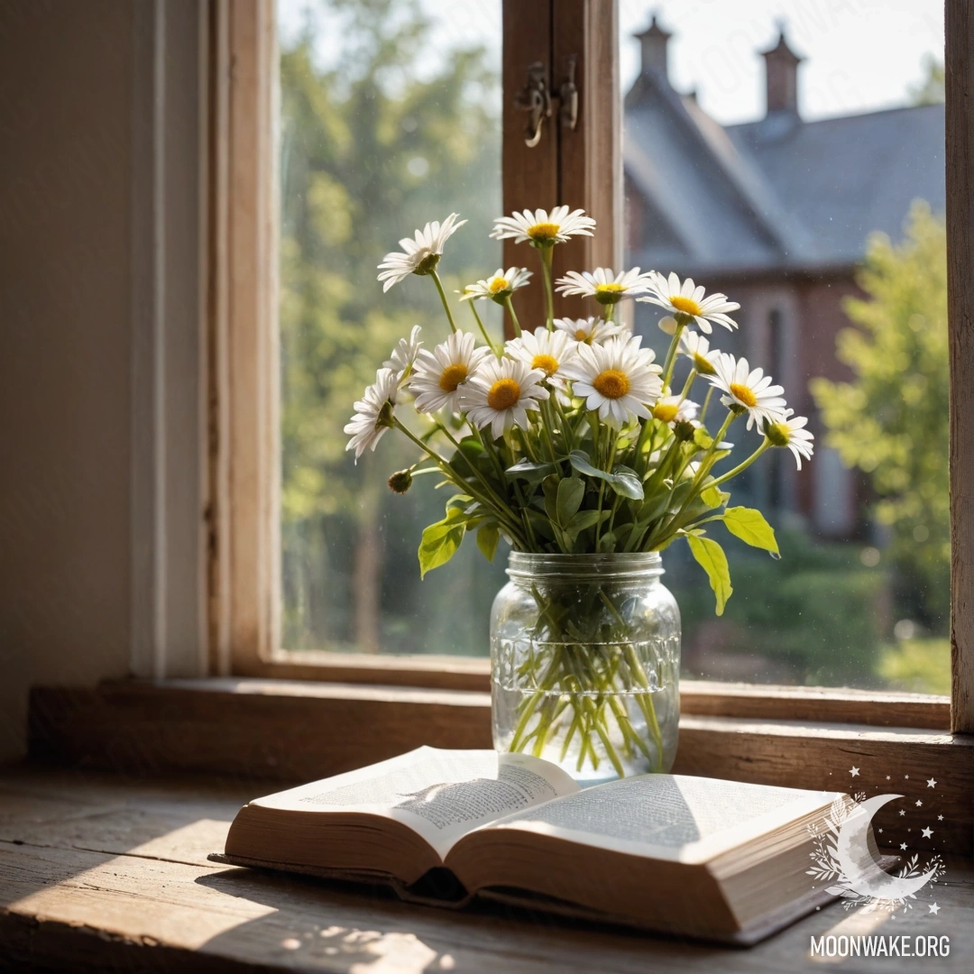 A weathered wooden windowsill featuring a jar of daisies and an open book bathed in sunlight.