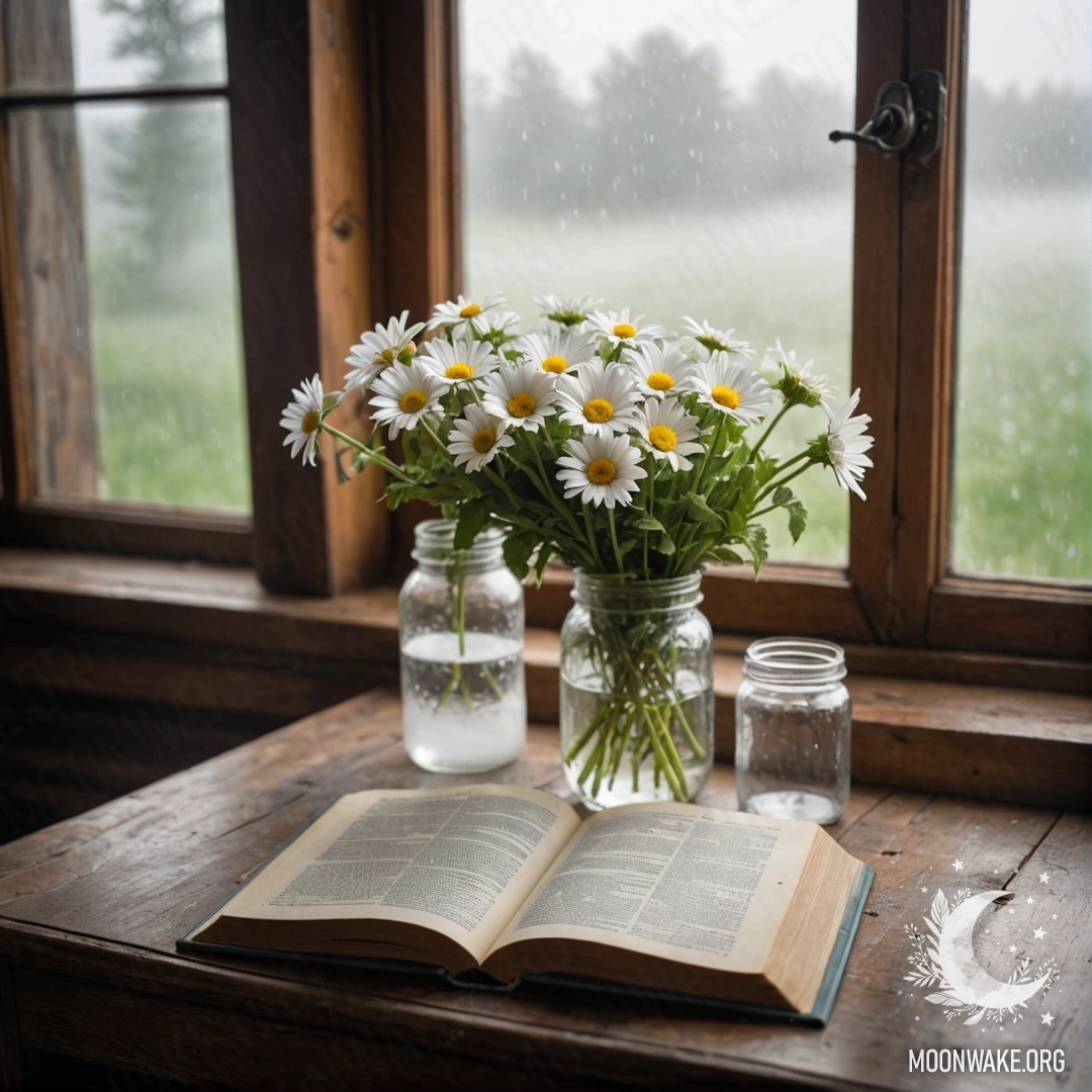 A shabby wooden windowsill with a jar of daisies and an open book, surrounded by dense fog.