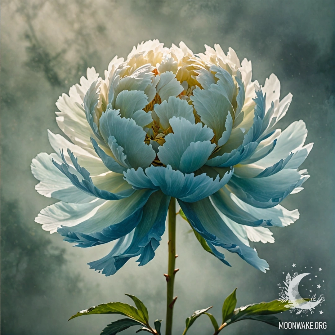 A delicate peony emerges through a soft fog, illuminated by gentle sunrays, with shades of greenish-blue creating a serene atmosphere.