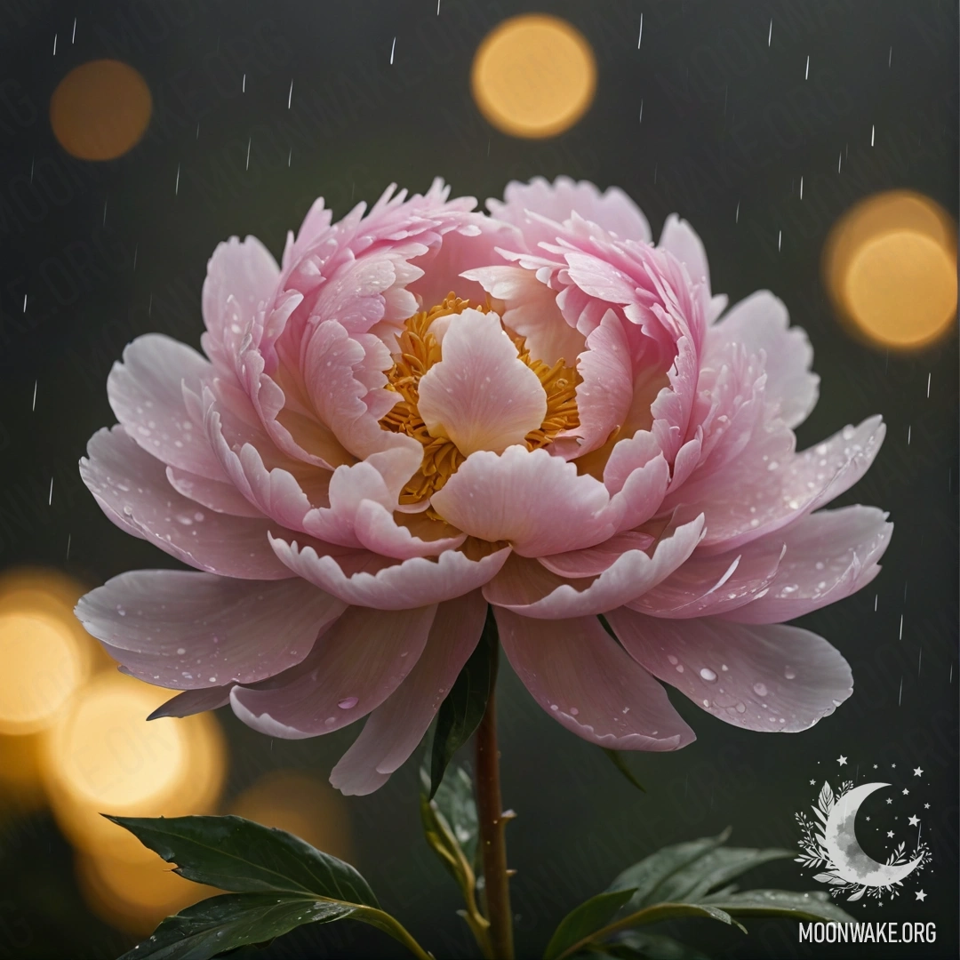 Peony in the Mist at Night A golden peony floats in the mist under the rain at night.